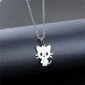 Polished silver stainless steel cat pendant necklace for women on a dark display