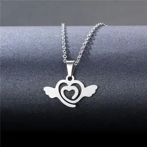 Polished stainless steel necklace featuring a hollow heart pendant with angel wings detail