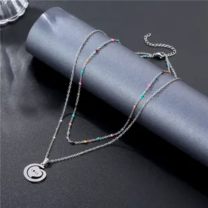 Double layer titanium steel necklace with colorful beads and LOVE heart pendant