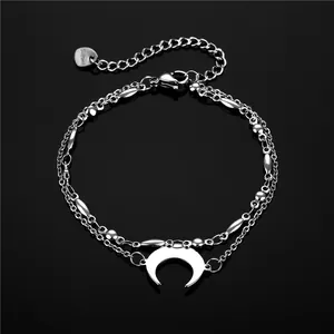 Bracciale a doppio strato in acciaio inossidabile con ciondolo a mezzaluna argentata