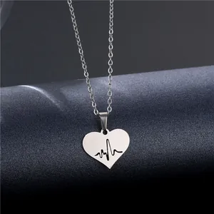 Minimalist silver stainless steel heart necklace with heartbeat line pendant for women