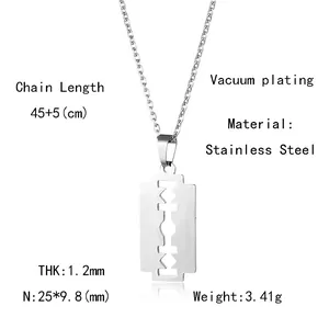 Detailed specs of stainless steel razor blade pendant with 45+5cm chain length and weight