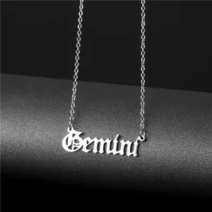 Silver Gemini constellation necklace with gothic letter pendant on a minimalist chain