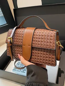Women Vintage Woven PU Leather Small Square Bag Fashion Elegant Handbag Shoulder Crossbody Bag With Metallic Buckle For Party Daily