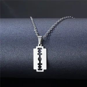 Punk style stainless steel razor blade pendant necklace with hollow geometric design