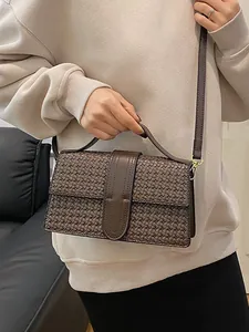 Classic dark brown woven textured shoulder bag with detachable strap for women