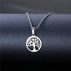Polished stainless steel Tree of Life pendant necklace with intricate cutout design