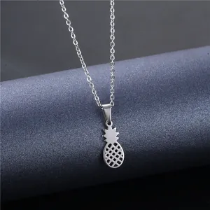Polished stainless steel pineapple pendant necklace with fine silver cross chain for women