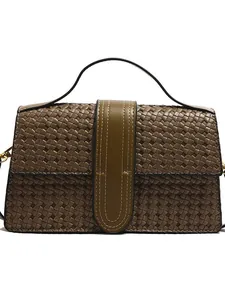 Olive green woven crossbody handbag for women featuring gold hardware and elegant leather straps