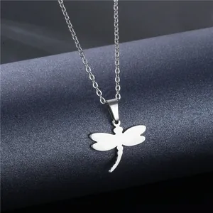 Minimalist silver stainless steel dragonfly pendant necklace with a polished mirror finish