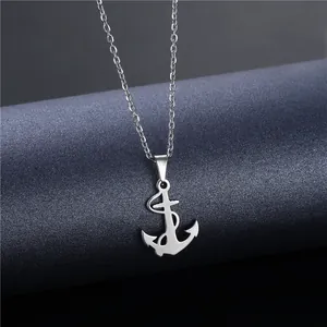 Polished silver stainless steel anchor cross pendant necklace with nautical cable chain