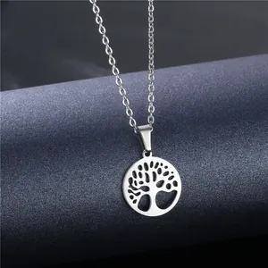 Polished stainless steel Tree of Life pendant necklace with a delicate O-chain on a stand
