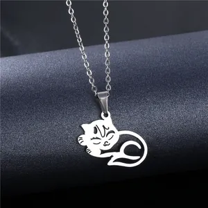 Collana con gatto in acciaio inossidabile argento lucido con ciondolo a gatto su catena a O