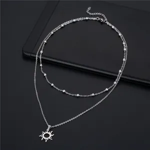 Double-layer stainless steel sun necklace with beads and hollow floral pendant