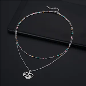 Silver double-layer necklace with colorful beads and hollow heart 'mama' pendant