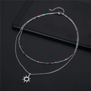 Double layer stainless steel necklace with sun pendant and colorful beads jewelry piece