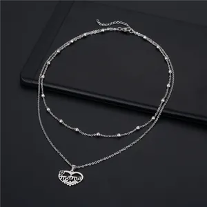 Silver double layer stainless steel necklace with heart mama pendant and beaded chain