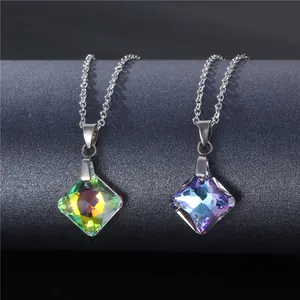 Simple 304 Stainless Steel Square K9 Crystal Pendant Necklace For Women Aurora Borealis Clavicle Chain Jewelry Gift