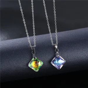 Minimalist stainless steel necklace featuring square faceted K9 crystal pendants in dual colors