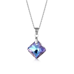 Minimalist stainless steel square pendant necklace with vibrant rainbow cut K9 crystal