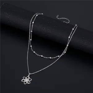 Silver double-layer stainless steel necklace with atomic orbital planet pendant