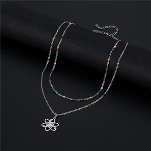 Double-layer stainless steel galaxy necklace with colored beads and atom planet pendant