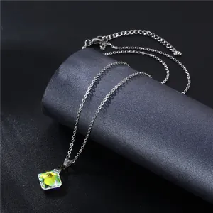 Minimalist stainless steel necklace featuring a square aurora K9 crystal pendant