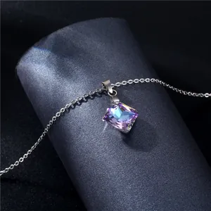 Elegant stainless steel necklace with square purple and blue gradient crystal pendant