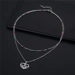 Double-layer stainless steel necklace with colorful beads and heart MAMA pendant