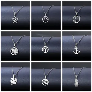 Modern 304 Stainless Steel Pendant Necklace For Women Hollow Geometric Flower Heart Star Moon Anchor Cross Musical Note Jewelry