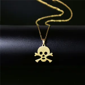 Collier pour femme en acier inoxydable plaqué or 18 carats avec pendentif tête de mort
