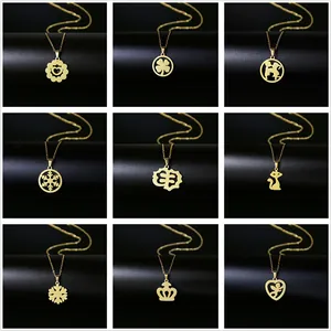 Collier Pendentif en Acier Inoxydable 304 Plaqué Or 18K pour Femme Flocon de Neige Trèfle Chat Cœur Animal Géométrique Creux Bijoux