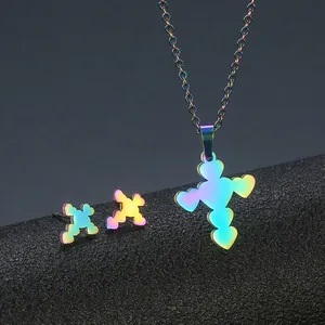 Regenbogen Edelstahl Herz Kreuz Halskette und Ohrringe Schmuckset für Damen
