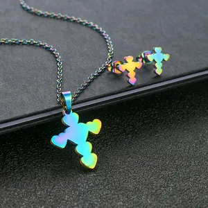 Regenbogen Edelstahl Herz Kreuz Halskette und Ohrringe Schmuckset für Damen