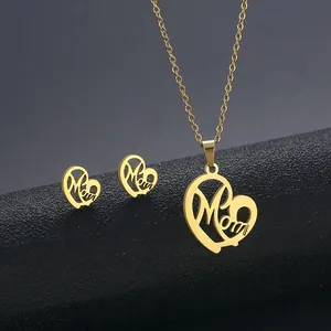 Set di gioielli in acciaio dorato con collana a cuore Mom e orecchini a lobo coordinati