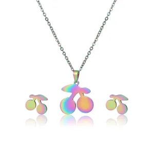 Rainbow plated stainless steel cherry necklace and stud earrings set with colorful finish