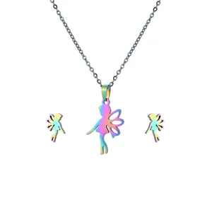 Rainbow hollow angel wing fairy jewelry set with necklace and stud earrings for women
