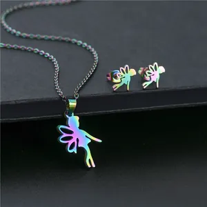 Rainbow hollow angel pendant necklace and stud earrings set in colorful stainless steel