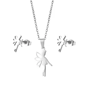 Polished silver stainless steel fairy necklace and stud earrings jewelry set for women