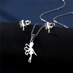 Polished stainless steel fairy and angel wing pendant necklace and stud earrings set