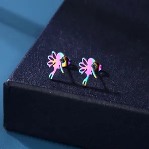 Iridescent angel silhouette earrings in stainless steel on blue textured stand
