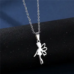 Polished stainless steel fairy necklace with intricate wings on a black display stand