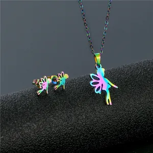 Close-up of rainbow gradient fairy silhouette pendant and matching earrings set