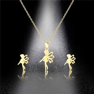 Golden stainless steel angel pendant necklace and earrings set on reflective black surface