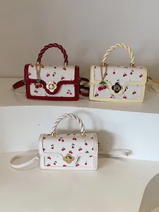Piccola Borsa Quadrata Vintage Donna Stampa Ciliegia Pelle PU Chiusura Fiore Manico Intrecciato Borsa a Mano Tracolla Quotidiana