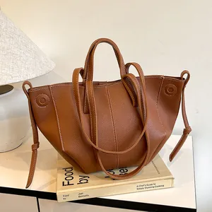 Sac Cabas Femme en Cuir PU Motif Litchi Grande Capacité Minimaliste Surpiqûres Contrastées Sac à Bandoulière Sac à Main de Travail