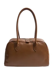 Classic caramel brown leather Boston tote bag with long handles and dual metal zippers