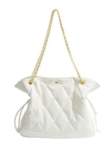White quilted diamond chain shoulder bag with spacious bucket design and drawstring