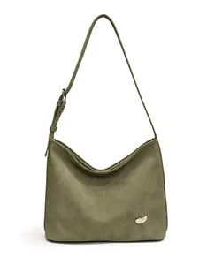 Vintage olive green suede tote bag with metal bean buckle and adjustable shoulder strap