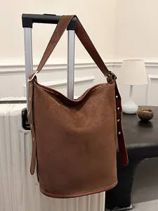 Vintage Faux Suede Bucket Bag For Women Large Capacity Shoulder Underarm Bag With Adjustable Belt Strap Retro Casual Tote